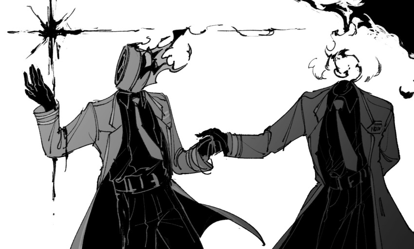 2others clock coat collared_shirt dancing dante_(limbus_company) dual_persona fire gloves greyscale headless highres limbus_company long_sleeves maskv monochrome multiple_others object_head project_moon shirt simple_background star_(sky) waltz_(dance) wing_collar