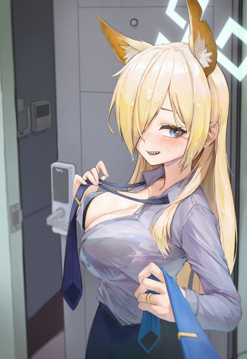 1girl 723_chfhrqur absurdres animal_ear_fluff animal_ears black_bra black_necktie black_skirt blonde_hair blue_archive blue_eyes blue_halo blue_shirt blush bra breasts cleavage collared_shirt door hair_over_one_eye halo highres indoors kanna_(blue_archive) large_breasts long_hair long_sleeves looking_at_viewer necktie open_mouth see-through see-through_shirt sharp_teeth shirt skirt solo teeth underwear