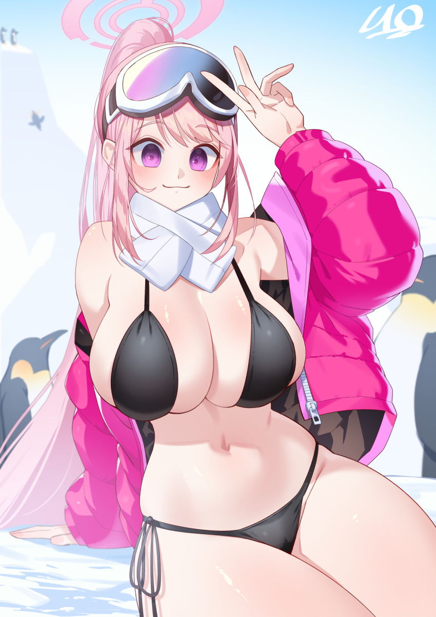 1girl animal arm_support bikini bird black_bikini black_bow blue_archive blue_sky bow breasts coat eimi_(blue_archive) eimi_(swimsuit)_(blue_archive) goggles goggles_on_head halo highres horange large_breasts long_hair long_sleeves looking_at_viewer navel official_alternate_costume open_clothes open_coat outdoors penguin pink_coat pink_hair pink_halo ponytail purple_eyes side-tie_bikini_bottom signature sky smile solo swimsuit