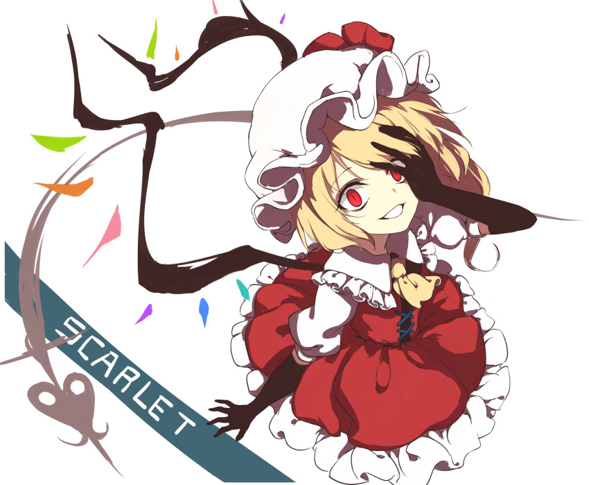 adapted_costume ascot black_gloves blonde_hair character_name covering_one_eye crazy dress elbow_gloves flandre_scarlet frilled_dress frills from_above gloves grin hand_on_own_face hat highres laevatein looking_at_viewer mob_cap neetsr parted_lips puffy_short_sleeves puffy_sleeves red_dress red_eyes short_sleeves side_ponytail smile solo touhou white_background white_hat wings yellow_neckwear