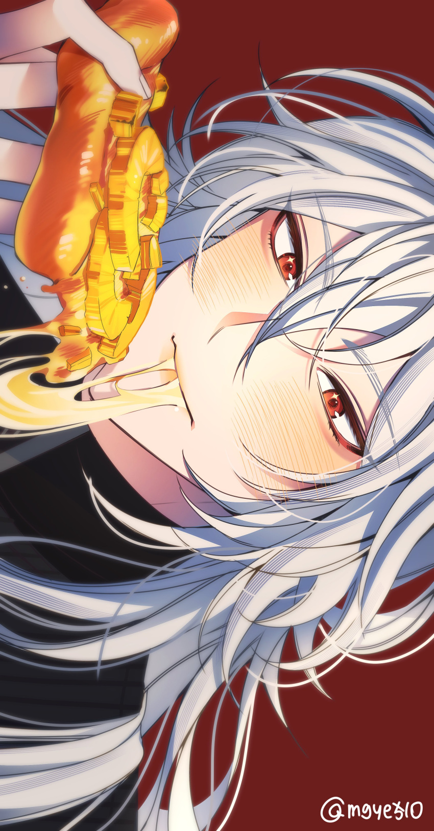 1boy a_date_with_death absurdres bishounen casper_(a_date_with_death) eating food gloves highres holding holding_food holding_pizza long_hair male_focus mgye510 pizza pizza_slice red_background red_eyes simple_background solo upper_body