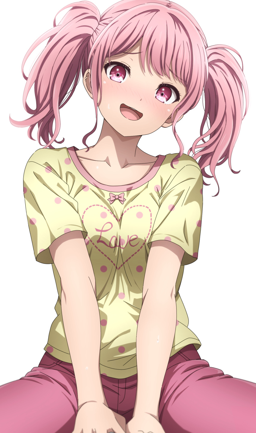 1girl :d absurdres bang_dream! blush bow clothes_writing collarbone commentary cowboy_shot head_tilt heart heart_print highres looking_at_viewer maruyama_aya medium_hair nose_blush noshimurin open_mouth pants pink_bow pink_eyes pink_hair pink_pants polka_dot polka_dot_shirt print_shirt raised_eyebrows shirt short_sleeves sidelocks simple_background sitting smile solo sweat teeth twintails upper_teeth_only v_arms white_background yellow_shirt