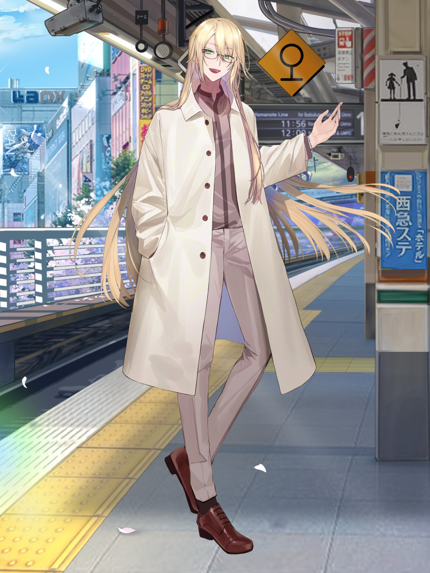 1boy :d ame_tyaya bead_bracelet beads black_socks blonde_hair bracelet brown_footwear brown_shirt buttons coat cross cross_bracelet dairoku_ryouhei day elche_non falling_petals full_body glasses green_eyes grey_pants hair_between_eyes hand_in_pocket hand_up highres jewelry latin_cross long_sleeves looking_at_viewer open_clothes open_coat oxfords pants petals shirt shoes smile socks solo standing train_station white_coat