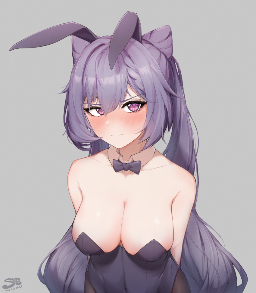 1girl animal_ears artist_name bare_shoulders black_pantyhose blush bow bowtie breasts cleavage collarbone cone_hair_bun diamond-shaped_pupils diamond_(shape) double_bun embarrassed fake_animal_ears genshin_impact grey_background hair_bun hair_ears highres keqing_(genshin_impact) large_breasts leotard long_hair looking_at_viewer nose_blush pantyhose playboy_bunny purple_eyes purple_hair purple_leotard rabbit_ears sohugh2 solo symbol-shaped_pupils twintails upper_body