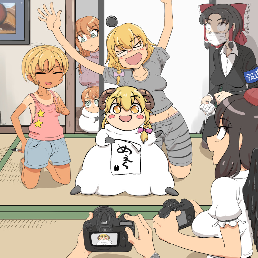 &gt;_&lt; 1boy 6+girls :d black_hair black_jacket black_skirt black_wings blonde_hair blush_stickers bow breasts bright_pupils camera cheating_(competitive) closed_eyes closed_mouth commentary_request constricted_pupils cookie_(touhou) crop_top dual_persona frilled_bow frilled_hair_tubes frills frown full_body genderswap genderswap_(ftm) glasses grey_eyes grey_shirt grey_shorts hair_bow hair_tubes hakurei_reimu hat highres holding holding_calligraphy_brush holding_camera holding_paper indoors jacket kirisame_marisa kneeling kyuuden long_hair mars_(cookie) mask medium_bangs medium_breasts midriff mouth_mask multiple_girls office_lady open_mouth otoko_no_ko painting_(object) paper parted_bangs pink_bow pink_tank_top red_bow red_headwear rei_(cookie) sagging_breasts sananana_(cookie) shameimaru_aya sheep shirt short_hair shorts skirt sliding_doors small_breasts smile star_(symbol) suzu_(cookie) sweater t-shirt tan tank_top tanlines tatami tokin_hat touhou turtleneck turtleneck_sweater uzuki_(cookie) white_eyes white_pupils white_shirt wings yuwo_(cookie)