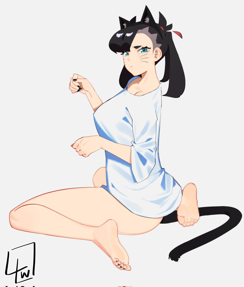 1girl alternate_breast_size alternate_costume animal_ears aqua_eyes asymmetrical_bangs barefoot black_hair black_hairband black_nails black_tail breasts cat_ears cat_tail censored_feet commentary facial_mark fake_animal_ears feet full_body grey_background hairband hands_up highres l4wless large_breasts legs marnie_(pokemon) no_pants on_ground pokemon pokemon_swsh shirt signature simple_background sitting soles solo tail toes twintails wariza white_shirt