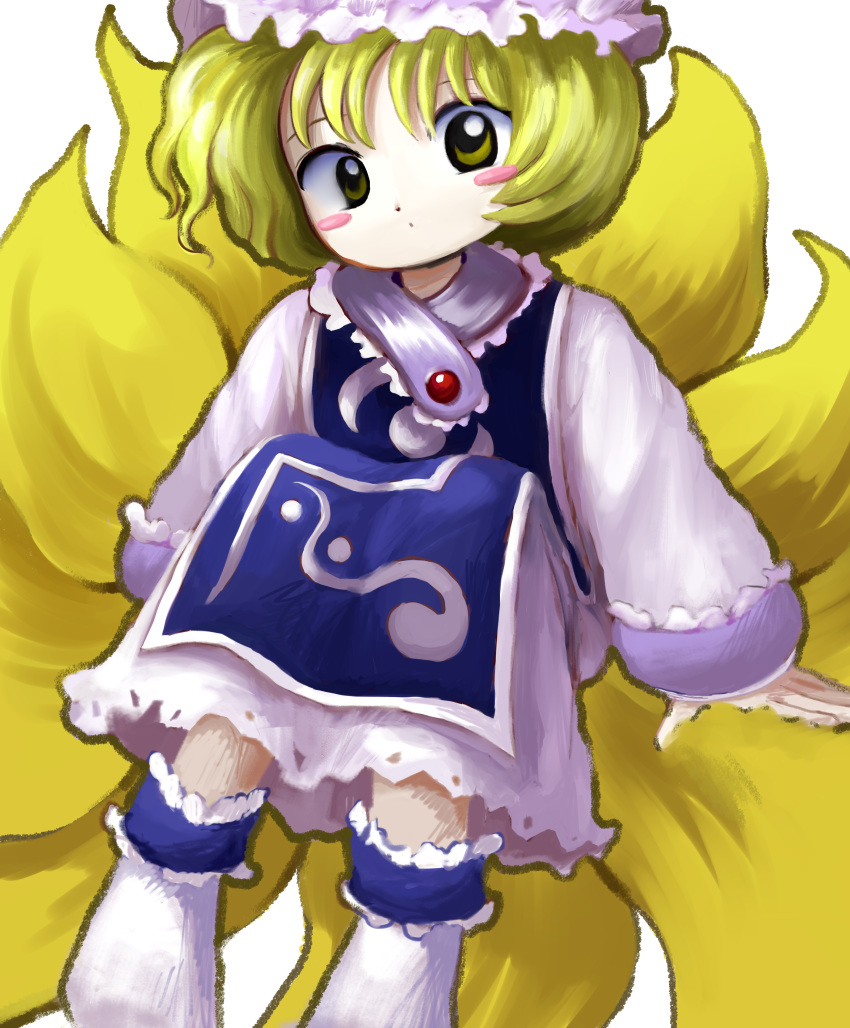 1girl absurdres blonde_hair blue_tabard blush_stickers dot_mouth dress fox_tail frilled_dress frilled_socks frills hat highres long_sleeves looking_at_viewer medium_hair mob_cap multiple_tails print_tabard simple_background sitting socks solo tabard tail touhou white_background white_dress white_socks yakumo_ran yakumora_n yellow_eyes zun_(style)