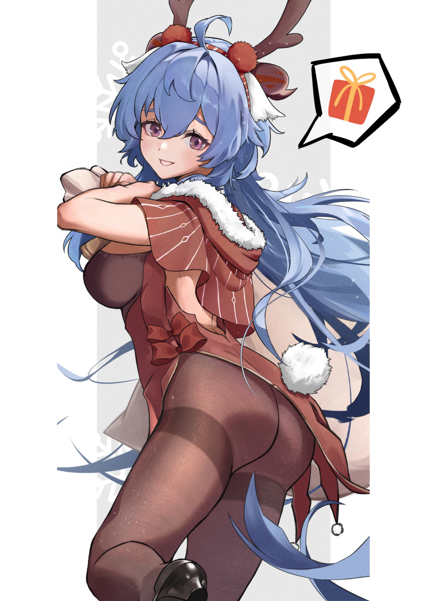 1girl absurdres ahoge antlers ass backless_outfit bag black_pantyhose blue_hair breasts christmas deer_antlers fake_antlers fake_tail from_side ganyu_(genshin_impact) genshin_impact gift hair_ornament high_heels highres holding holding_bag horns k/o_(user_thvt7788) long_hair looking_at_viewer medium_breasts pantyhose purple_eyes santa_costume sidelocks smile solo tail thighband_pantyhose thighs