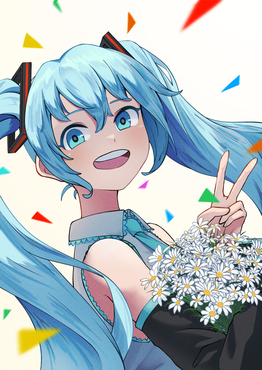 1girl absurdres blue_eyes blue_hair blue_necktie confetti detached_sleeves flower frilled_shirt_collar frills from_side grey_shirt hair_between_eyes hatsune_miku highres holding holding_flower long_hair looking_at_viewer necktie open_mouth painapo shirt solo teeth twintails upper_body upper_teeth_only vocaloid white_background white_flower