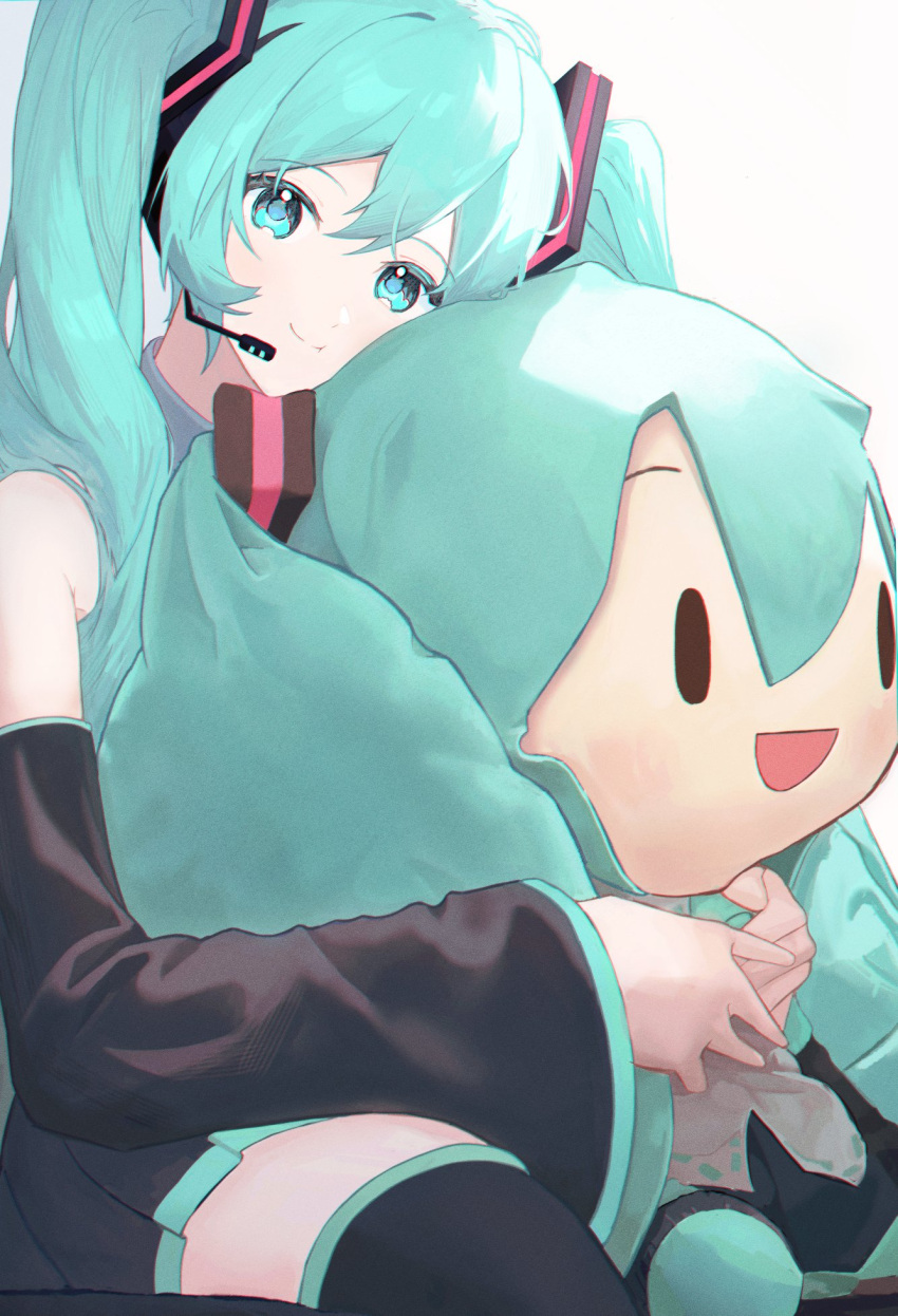 1girl ame_miya_ta bare_shoulders black_footwear black_skirt blue_eyes blue_hair blush boots character_doll closed_mouth collared_shirt commentary detached_sleeves doll grey_shirt hair_between_eyes hair_ornament hatsune_miku headphones highres hugging_doll hugging_object long_hair long_sleeves looking_at_viewer microphone miniskirt open_mouth pleated_skirt shirt simple_background sitting skirt smile solo thigh_boots twintails vocaloid white_background wide_sleeves