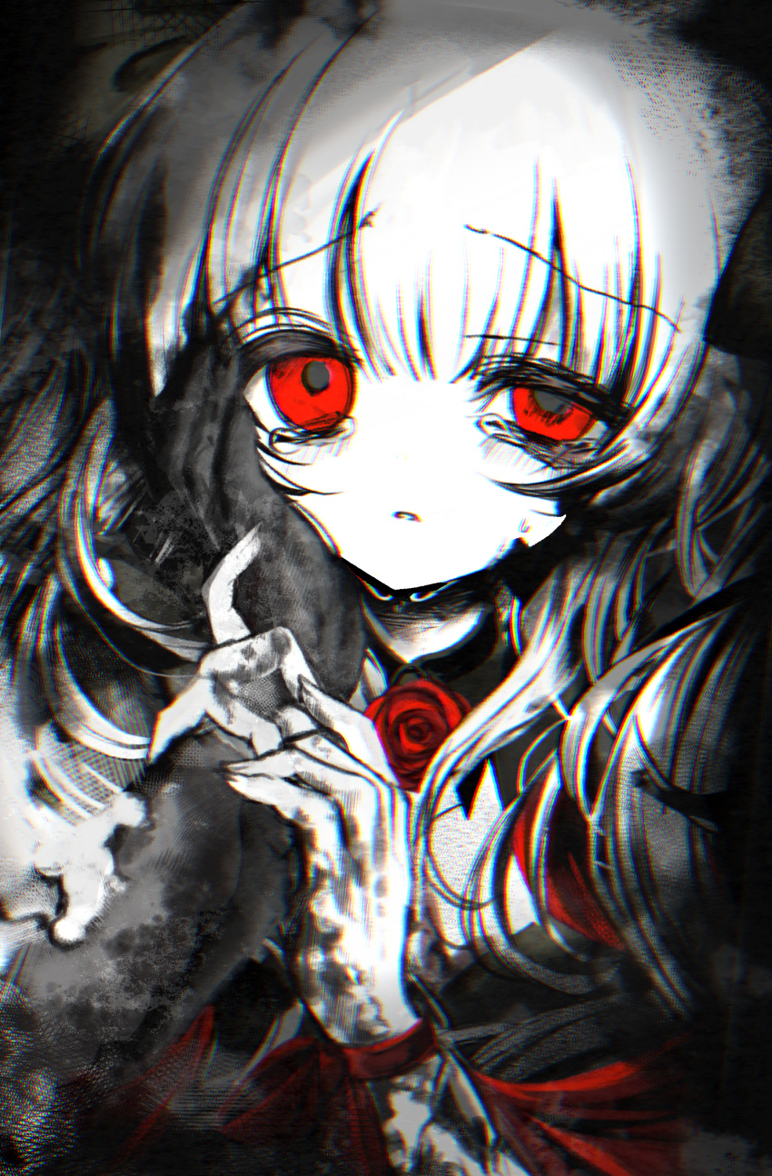 1girl 1other chromatic_aberration commentary_request crying crying_with_eyes_open flower greyscale half-closed_eye hand_on_another's_cheek hand_on_another's_face hands_on_another's_arm hands_up highres horror_(theme) long_hair looking_at_viewer mismatched_pupils monochrome neck_flower original parted_lips pov pov_hands raiyo_(pixiv16261673) red_eyes red_flower red_ribbon red_rose ribbon rose solo_focus spot_color tears upper_body wrist_ribbon