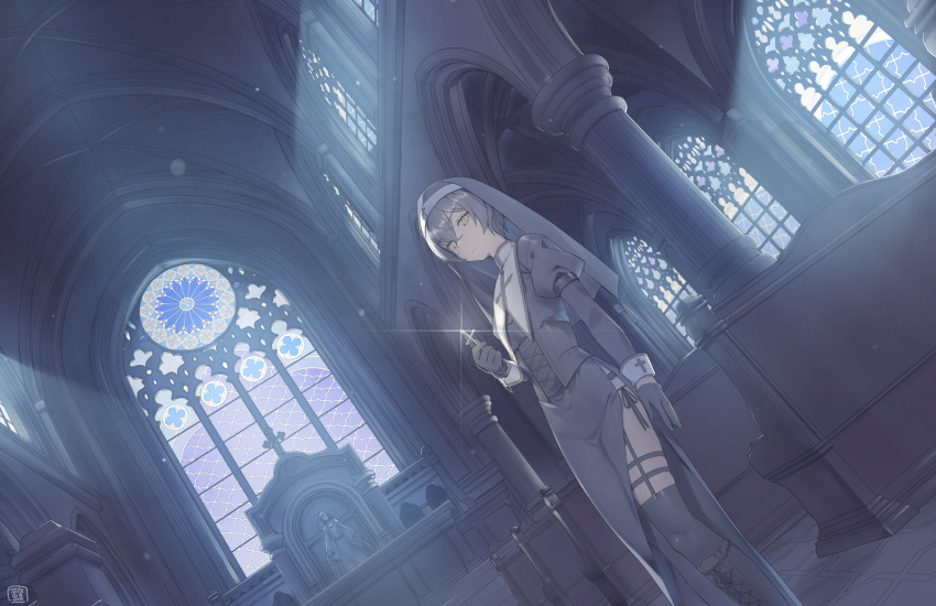 1girl black_hair black_thighhighs boots church cross cross_necklace dutch_angle garter_straps habit heibonkaeru highres indoors jewelry necklace nun original side_slit stained_glass thighhighs yellow_eyes