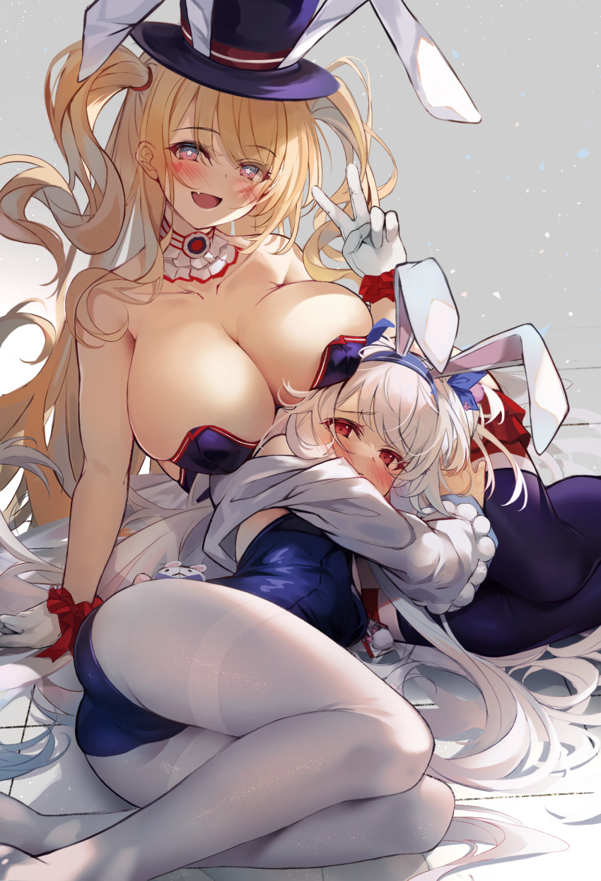 1girl animal_ears azur_lane blonde_hair blue_leotard blush breasts cleavage fake_animal_ears fang gloves guam_(azur_lane) guam_(stage-setting_charmer)_(azur_lane) hair_between_eyes hairband hat heaven's_melody highres laffey_(azur_lane) laffey_ii_(azur_lane) laffey_ii_(sleepy_on_a_busy_day)_(azur_lane) large_breasts leotard long_hair long_sleeves looking_at_viewer official_alternate_costume open_mouth pantyhose playboy_bunny rabbit_ears red_eyes skin_fang smile solo star-shaped_pupils star_(symbol) symbol-shaped_pupils top_hat twintails very_long_hair white_gloves white_hair white_pantyhose