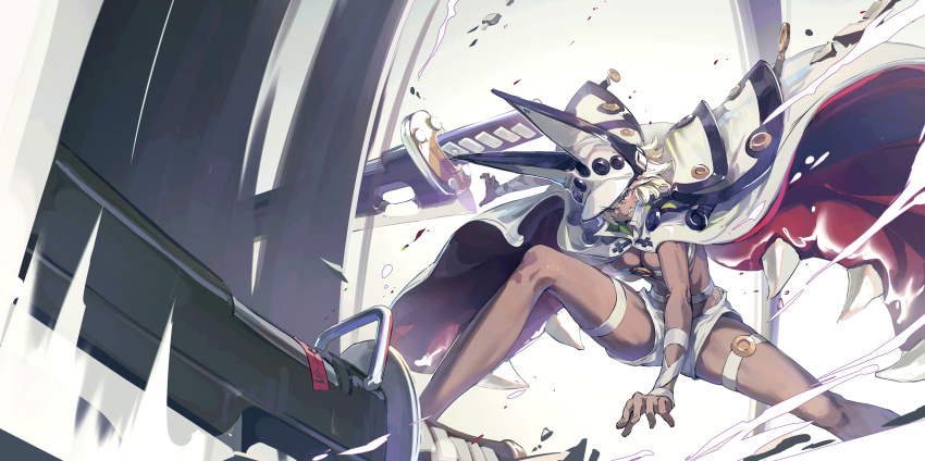1girl absurdres attack belt_bra blonde_hair breasts brown_eyes cleavage cloak dark-skinned_female dark_skin floating floating_object floating_sword floating_weapon grin guilty_gear guilty_gear_xrd hat hat_with_ears highres huanxiang_huifeng huge_weapon medium_breasts ramlethal_valentine revealing_clothes sharp_teeth short_hair short_shorts shorts smile solo strapless sword teeth thigh_strap weapon white_cloak white_footwear