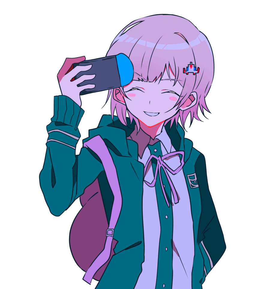 1boy backpack bag blush_stickers closed_eyes collared_shirt danganronpa_(series) danganronpa_2:_goodbye_despair genderswap genderswap_(ftm) green_jacket grin hair_ornament handheld_game_console highres holding holding_handheld_game_console hood hood_down hooded_jacket jacket nanami_chiaki neck_ribbon nintendo_switch pink_hair pink_ribbon ribbon shirt short_hair smile solo spaceship_hair_ornament teeth todoroki_gk2 two-tone_shirt upper_body