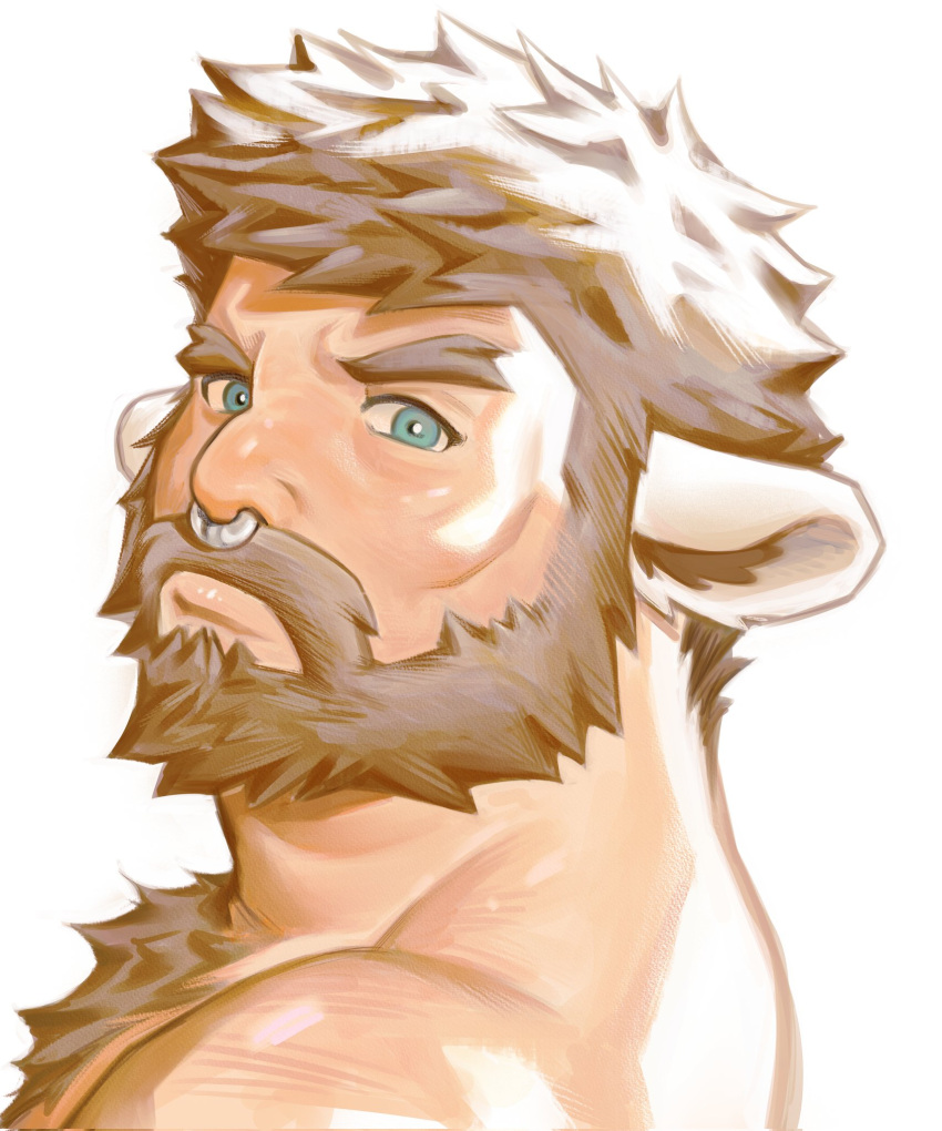 1boy animal_ears bara beard body_fur cheekbones cow_boy cow_ears facial_hair from_side full_beard highres looking_at_viewer male_focus mature_male muscular muscular_male nose_piercing nose_ring nude original overload_(nuhoangxitray) piercing portrait short_hair solo thick_beard thick_chest_hair thick_eyebrows thick_mustache