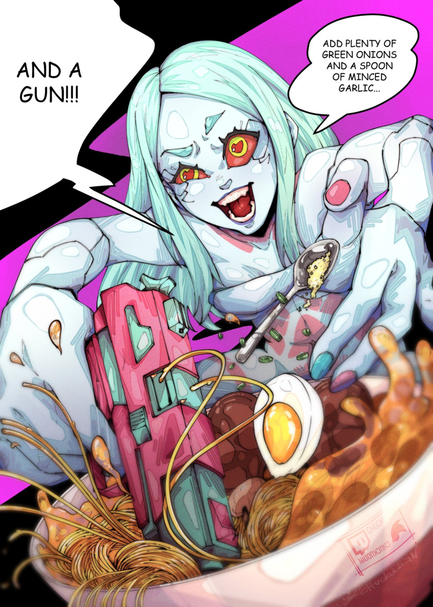 1girl blue_hair blue_nails bowl chuckuddin colored_sclera convenient_censoring cyberpunk_(series) cyberpunk_edgerunners english_text food gun handgun highres noodles open_mouth pink_nails ramen rebecca_(cyberpunk) red_sclera signature softboiled_egg solo spoon weapon yellow_eyes