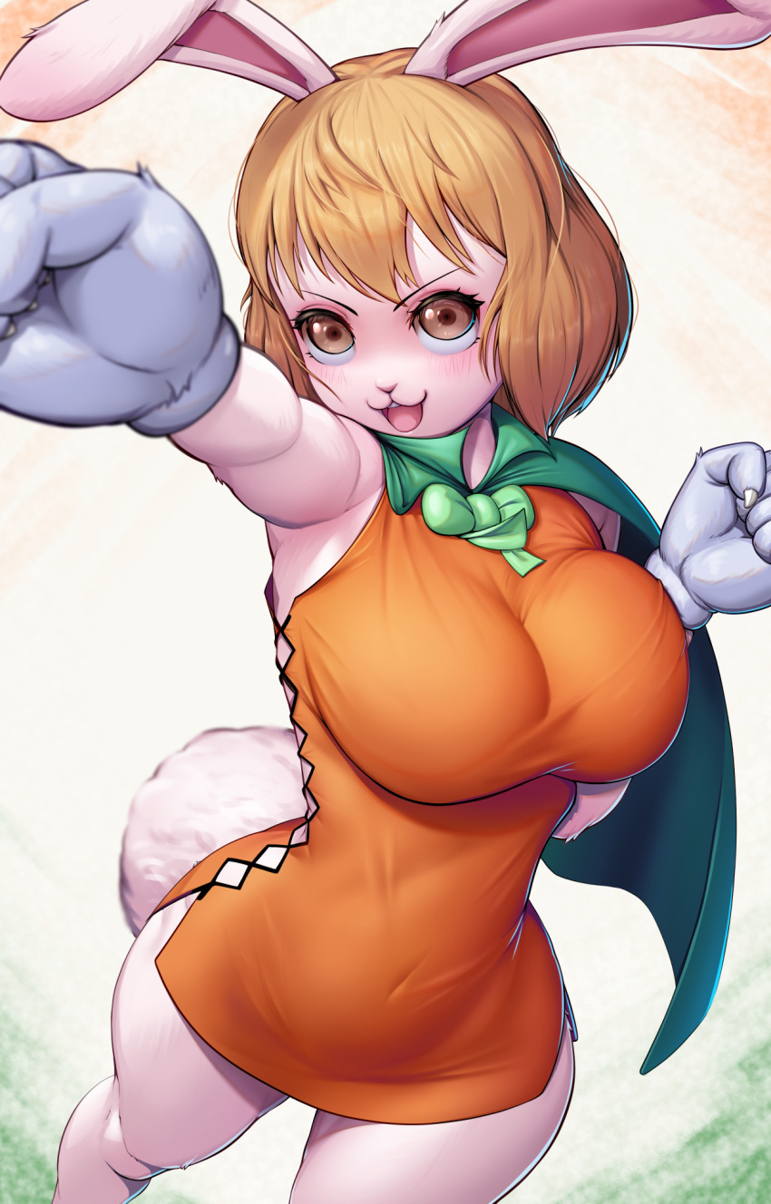 1girl animal_ears blonde_hair breasts brown_eyes cape carrot_(one_piece) dress fist_pump foreshortening furry furry_female green_cape highres large_breasts max_(maxlikeapicture) microdress navel one_piece open_mouth orange_dress rabbit_ears rabbit_girl rabbit_tail sleeveless sleeveless_dress smile solo tail tight_clothes tight_dress white_fur
