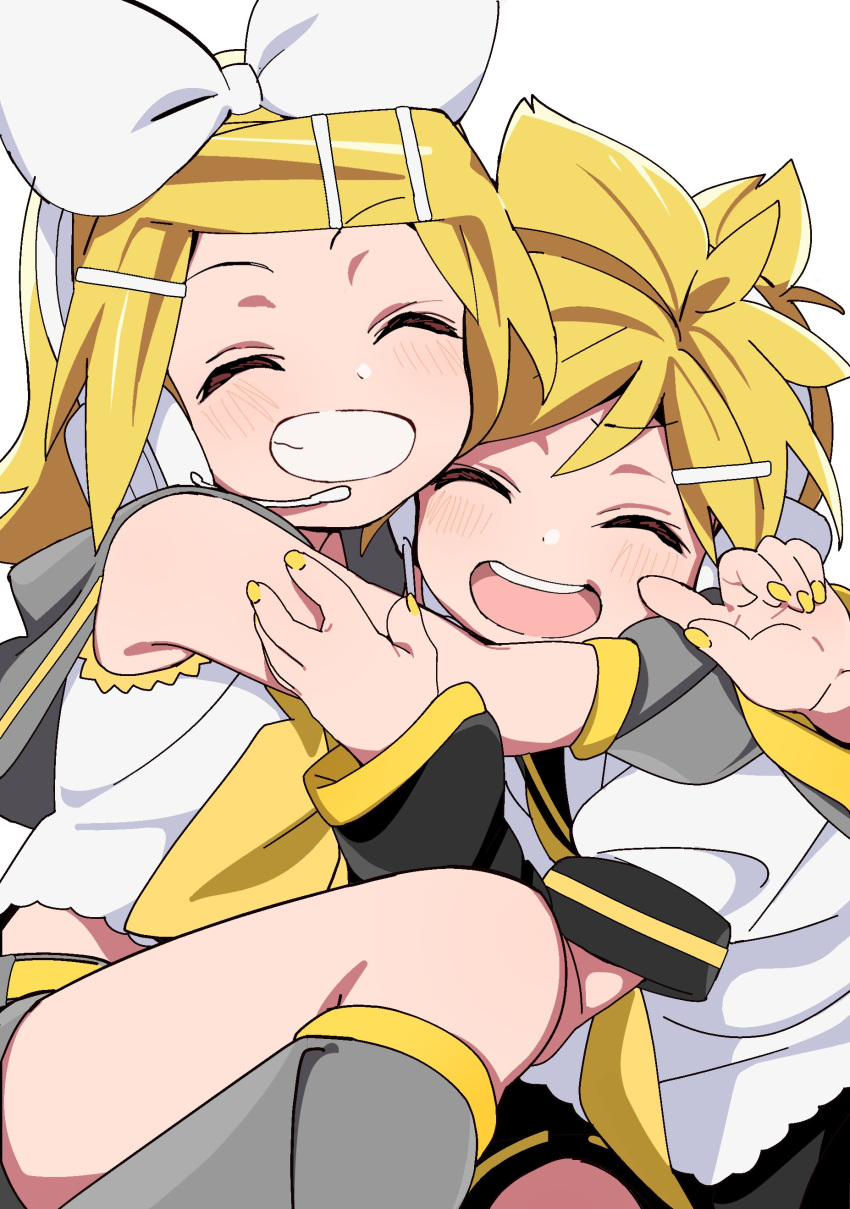 1boy 1girl absurdres blonde_hair bow brother_and_sister closed_eyes commentary detached_sleeves grin hair_bow hair_ornament hairband hairclip headphones headset highres hug kagamine_len kagamine_rin leg_warmers necktie open_mouth satou_asuka siblings smile twins vocaloid white_background white_hairband yellow_nails yellow_necktie