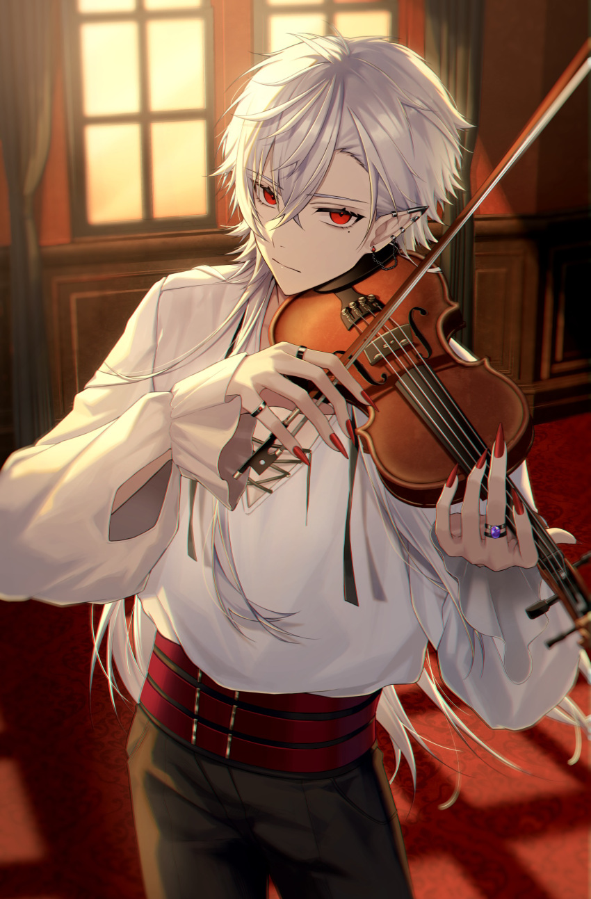 1boy absurdres arm_cutout belt black_pants commentary cowboy_shot curtains earrings frown highres holding holding_bow_(music) holding_instrument holding_violin indoors instrument jewelry kawausoman kuzuha_(nijisanji) long_hair long_sleeves looking_at_viewer male_focus mole mole_under_eye multiple_belts multiple_earrings multiple_rings music nail_polish nijisanji pants playing_instrument red_belt red_eyes red_nails ring shirt solo violin virtual_youtuber white_hair white_shirt window