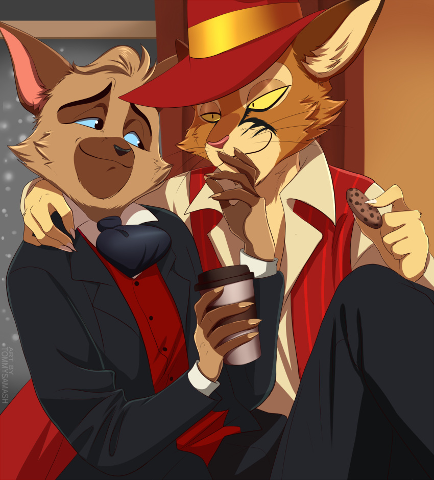 anthro beverage carrying_another carrying_partner christmas coffee coffee_mug cookie dorian_zibowski duo felid feline food gentleman hi_res holding_arms holidays lackadaisy looking_at_another love loving_gaze male male/male mammal romantic samash_(tommysamash) sedgewick_sable sharing smile tommysamash webcomic