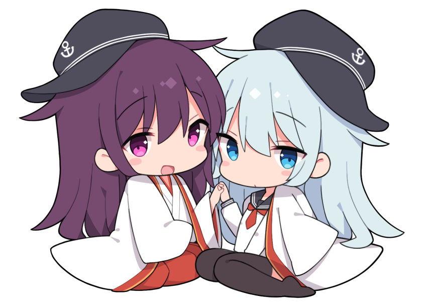 2girls akatsuki_(kancolle) anchor_symbol black_headwear black_thighhighs blue_eyes chibi chihaya_(clothing) flat_cap grey_hair hakama haori hat hibiki_(kancolle) highres japanese_clothes kantai_collection kimono long_hair miko multiple_girls neckerchief purple_eyes purple_hair red_hakama red_neckerchief school_uniform serafuku simple_background thighhighs watanon_(gakushokutei) white_background white_kimono