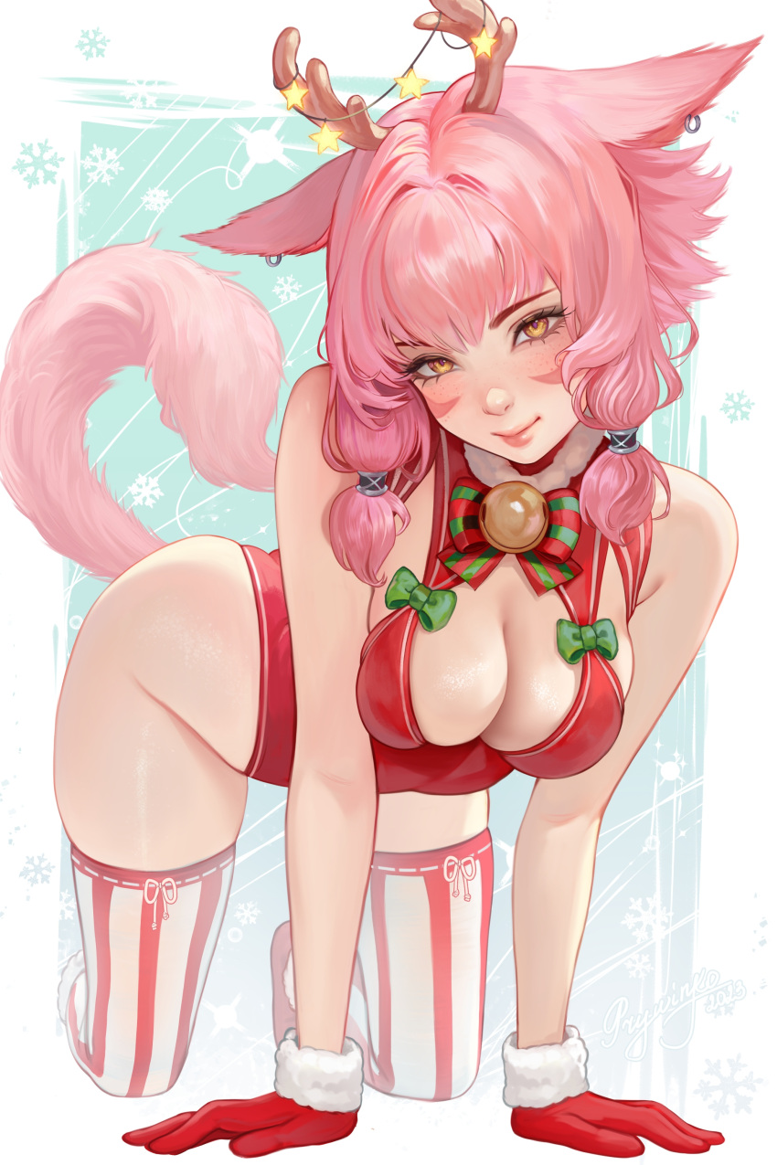 1girl absurdres all_fours breasts earrings facial_mark fake_antlers final_fantasy final_fantasy_xiv fur-trimmed_gloves fur_trim gloves hair_tubes highres jewelry leotard long_hair looking_at_viewer medium_breasts miqo'te pink_hair prywinko red_gloves red_leotard smile solo striped striped_thighhighs thighhighs vertical-striped_thighhighs vertical_stripes warrior_of_light_(ff14) whisker_markings yellow_eyes