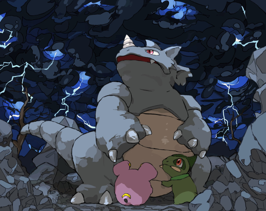 animal_focus aomon_(yuuji7604) axew black_cloud claws cloud colored_skin commentary_request fangs green_skin highres horns lightning no_humans open_mouth pokemon pokemon_(creature) purple_skin red_eyes rhydon rock single_horn tail whismur