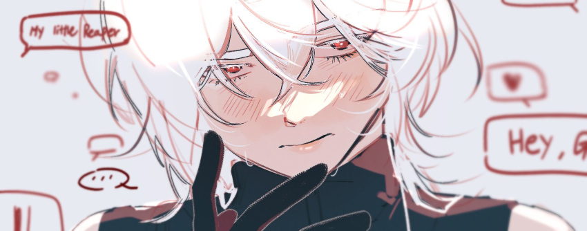 1boy a_date_with_death bishounen black_gloves blush casper_(a_date_with_death) english_text gloves highres kkopa1712486 long_hair male_focus red_eyes simple_background solo speech_bubble sweat white_hair