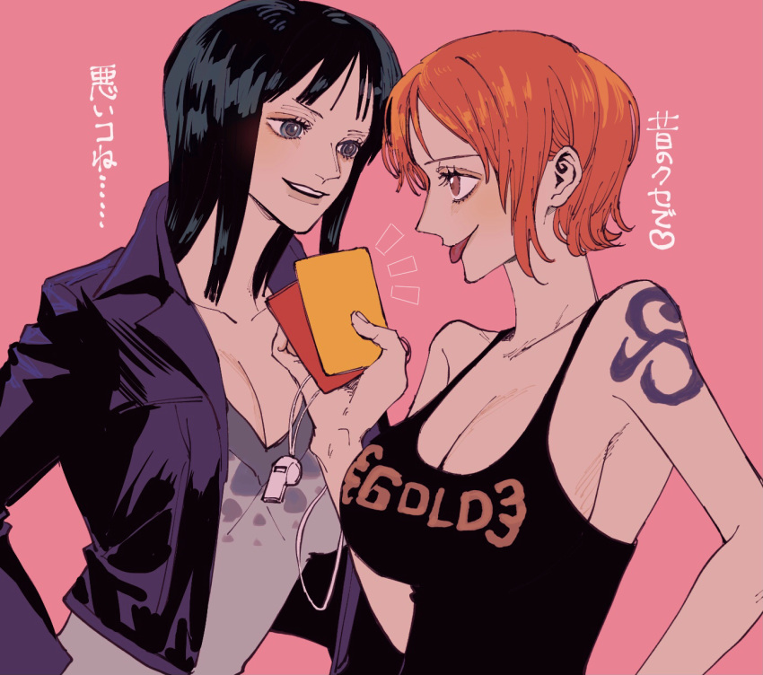 2girls :p arm_tattoo black_hair black_tank_top blue_eyes breasts brown_eyes card cleavage collarbone commentary_request highres holding holding_card holding_whistle jacket large_breasts long_sleeves looking_at_another medium_hair multiple_girls nami_(one_piece) nico_robin nsgw one_piece orange_hair red_card short_hair smile tank_top tattoo teeth tongue tongue_out translation_request whistle yellow_card