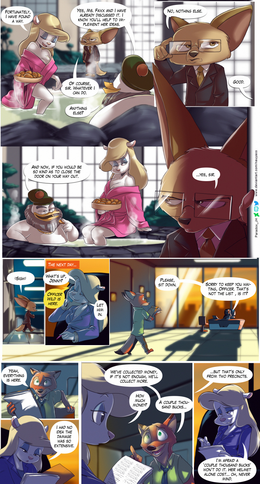 absurd_res anatid animaniacs anseriform anthro avian bathrobe bird canid canine chair clothing comic dialogue disney duck ducktales ducktales_(2017) female fennec finnick_(zootopia) flintheart_glomgold fox furniture hi_res hot_tub male mammal minerva_mink mink mustelid musteline nauyaco nick_wilde office_chair office_desk robe robocop_(franchise) speech_bubble true_musteline warner_brothers zootopia