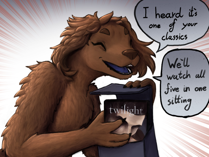 alien anthro demon_deity dialogue farsul_(the_nature_of_predators) female fur fyron_(the_nature_of_predators) happy hi_res mammal satchel shaggy_fur solo speech_bubble the_nature_of_predators twilight_(series)