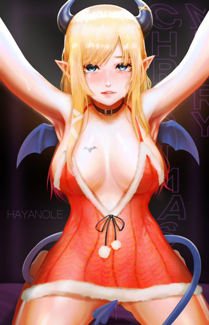 1girl absurdres arms_up bat_tattoo black_choker black_horns blonde_hair blue_eyes breast_tattoo breasts choker commentary_request demon_girl demon_horns demon_tail demon_wings dress english_commentary fur-trimmed_dress fur_trim highres hololive horn_ornament horn_ring horns kneeling large_breasts long_hair looking_at_viewer mixed-language_commentary pointy_ears red_dress regiism single_sidelock solo swept_bangs tail tattoo virtual_youtuber wings yuzuki_choco