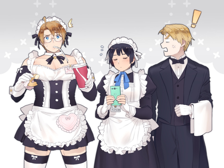 ! 3boys ^^^ ahoge alternate_costume america_(hetalia) anger_vein apron axis_powers_hetalia black_hair black_thighhighs blank_eyes blonde_hair blue_bow blue_bowtie blue_eyes bow bowtie butler character_name closed_eyes crossdressing cup detached_collar detached_sleeves disposable_cup doughnut drink drinking_straw drinking_straw_in_mouth enmaided flying_sweatdrops food glasses gloves holding holding_phone holding_towel japan_(hetalia) looking_ahead looking_at_another maid maid_apron maid_headdress male_focus multiple_boys pectoral_cleavage pectorals phone short_hair suit tailcoat thick_eyebrows thighhighs to@st towel tuxedo two-tone_thighhighs united_kingdom_(hetalia) white_gloves white_thighhighs white_towel