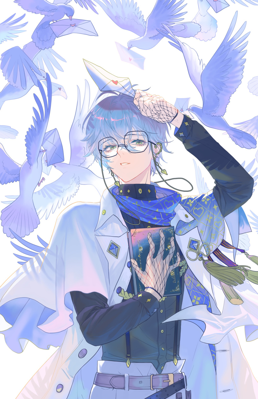 1boy absurdres bird blue_hair blue_scarf buttoned_cuffs chain cloak cowboy_shot dove earrings fishnet_gloves fishnets glasses gloves green_eyes highres holding holding_letter ike_eveland jewelry letter looking_at_viewer love_letter male_focus nijisanji nijisanji_en octagonal_eyewear scarf short_hair smile solo tassel turtleneck white_background white_cloak yao_huang_buxiang_bei_kuai_zhuan