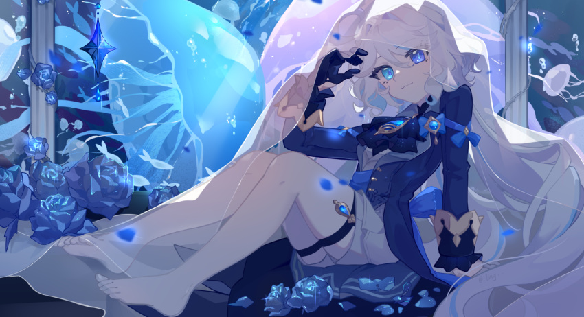 1girl artist_name ascot asymmetrical_gloves barefoot black_ascot black_gloves blue_eyes blue_flower blue_jacket blue_rose closed_mouth commentary_request falling_petals flower full_body furina_(genshin_impact) genshin_impact gloves hand_up heterochromia jacket jellyfish knees_up legs light_smile ling414353 long_hair long_sleeves looking_at_viewer mismatched_gloves on_ground petals rose shorts sitting solo thigh_strap white_gloves white_hair white_shorts