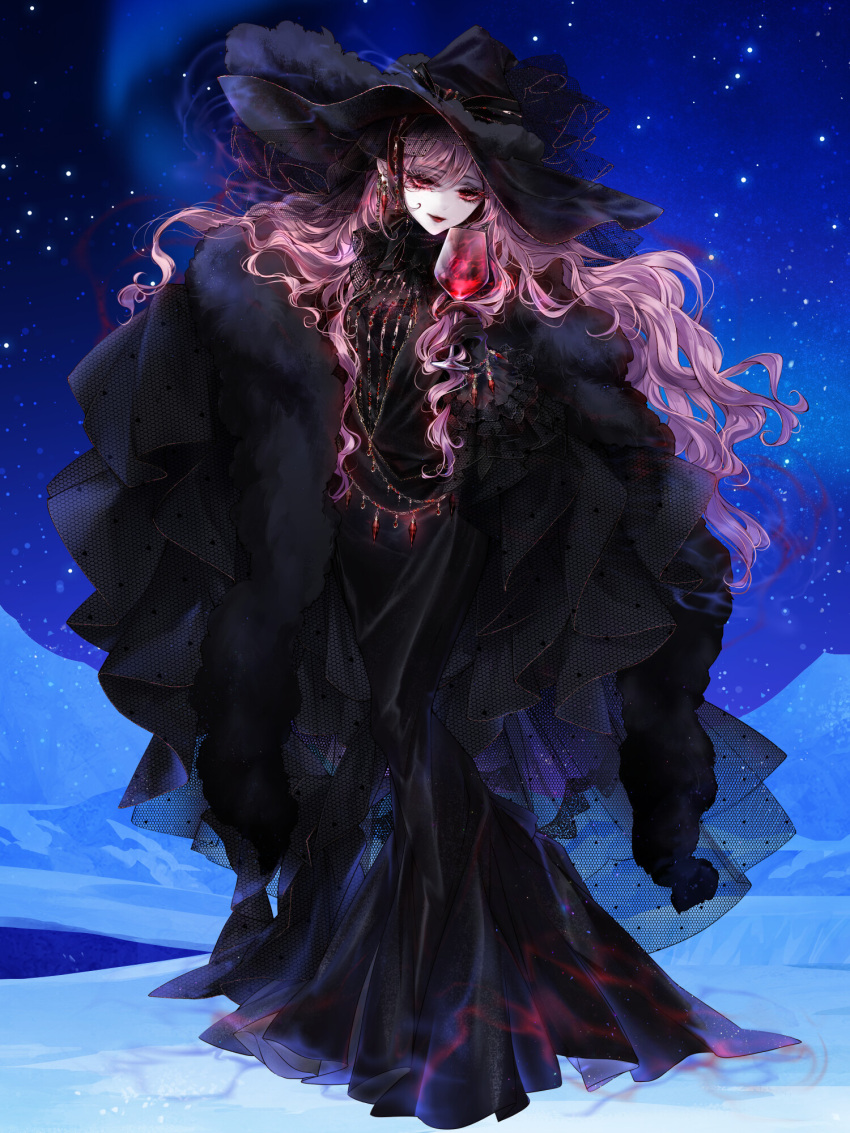 1girl ambiguous_red_liquid aura belt black_cloak black_dress black_gloves black_headwear black_ribbon black_scarf bow bracelet breasts chain_paradox cleavage cloak closed_mouth cup dangle_earrings dress drinking_glass earrings feather_boa frilled_sleeves frills full_body fur_trim gem glacier gloves hair_between_eyes hat hat_bow highres holding holding_cup ice jewelry lipstick long_dress long_hair long_sleeves looking_at_viewer luna_candatura makeup mermaid_dress miyo1101 night pink_hair pointy_ears red_eyes red_gemstone red_lips ribbon scarf see-through see-through_cleavage sky smile solo star_(sky) starry_sky sun_hat veil wavy_hair wine_glass