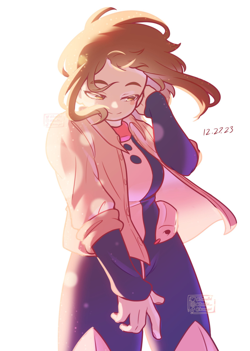 1girl absurdres belt boku_no_hero_academia brown_eyes brown_hair bunnnyui dated hand_on_own_ear highres instagram_username jacket lens_flare light simple_background skin_tight solo tight_clothes tiktok_username twitter_username uraraka_ochako white_background wind