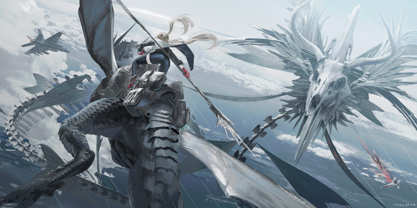 1girl above_clouds aircraft airplane antlers ass black_shirt black_shorts black_thighhighs brown_hair cloud commentary_request dragon fighter_jet fire floating_hair gloves grey_jacket highres holding holding_weapon jacket jet long_hair long_sleeves military_vehicle open_clothes open_jacket original red_gloves riding riding_animal shirt shorts skull solo swav thighhighs very_long_hair weapon