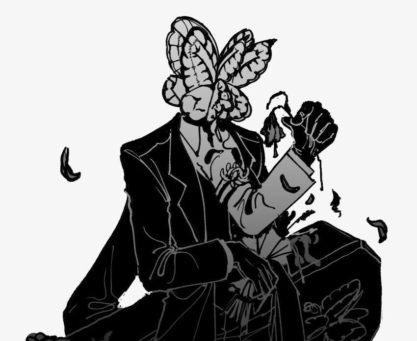 1boy animal_head armband bouquet bug butterfly collared_shirt extra_arms flower funeral_of_the_dead_butterflies greyscale hand_up highres holding holding_bouquet holding_coffin lobotomy_corporation maskv monochrome project_moon shirt spider_lily suit vest wilted_flower wing_collar