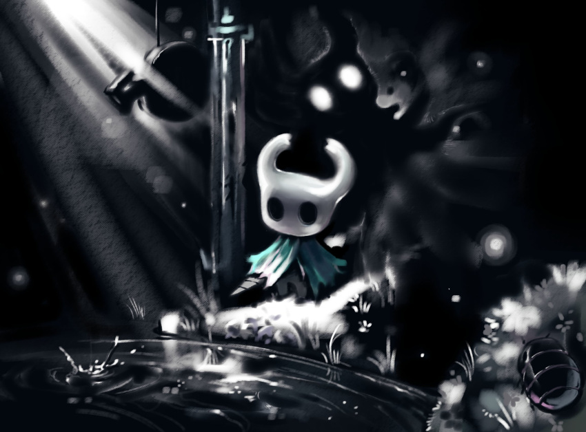 blue_cape cape dark grass highres hollow_knight horned_mask knight_(hollow_knight) lake light mask maskv nail_(hollow_knight) no_humans pillbug ripples shade_(hollow_knight) signpost standing