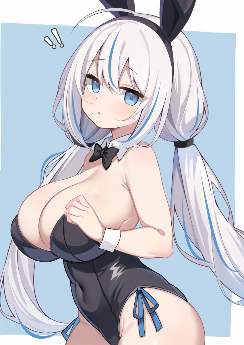 ! !! 1girl :o absurdres ahhien ahoge animal_ears bare_shoulders black_bow black_bowtie black_leotard blue_background blue_eyes blue_hair border bow bowtie breasts cleavage commentary covered_navel detached_collar dot_nose fake_animal_ears hair_between_eyes hand_up highres huge_breasts leotard light_blush long_hair looking_at_viewer low_twintails multicolored_hair original outside_border parted_lips rabbit_ears side-tie_leotard solo strapless strapless_leotard streaked_hair twintails very_long_hair white_background white_border white_wrist_cuffs wrist_cuffs