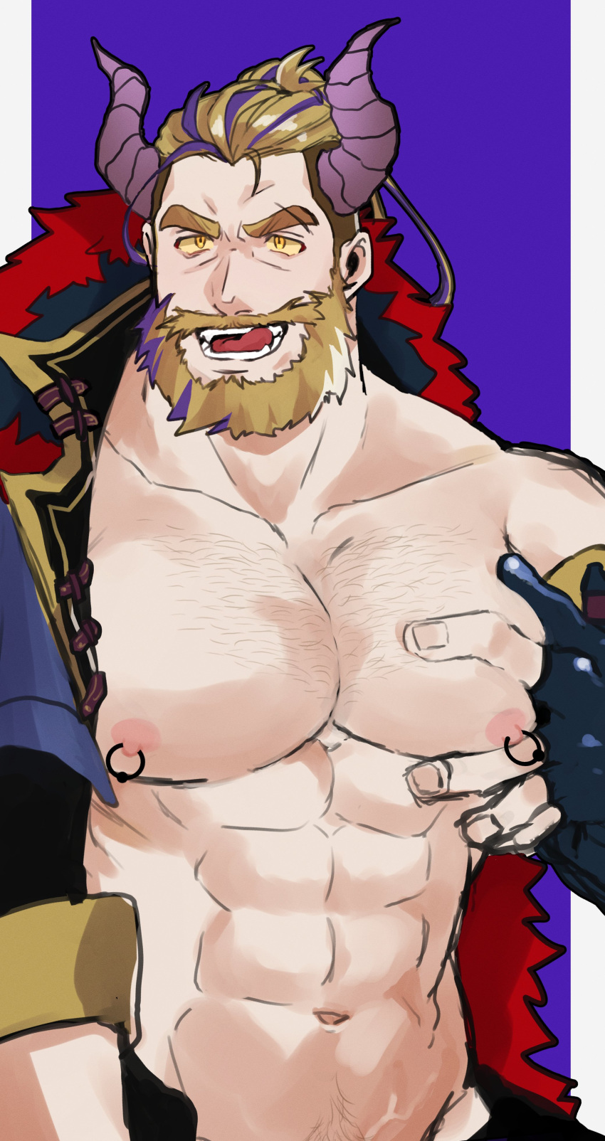 1boy abs absurdres bara beard bergamond_(crave_saga) chest_hair collarbone colored_sclera crave_saga demon_horns elbow_gloves eyebrow_cut facial_hair fingerless_gloves gloves grabbing highres horns jewelry large_pectorals long_hair looking_at_viewer male_focus mature_male multicolored_hair muscular muscular_male naughty_face navel_hair nipple_piercing nipple_rings official_alternate_costume open_clothes pectoral_grab pectorals piercing ponytail purple_background purple_hair smile solo thick_eyebrows thick_mustache tongue tongue_out two-tone_hair unfinished usuki_(usukine1go) yellow_eyes yellow_sclera