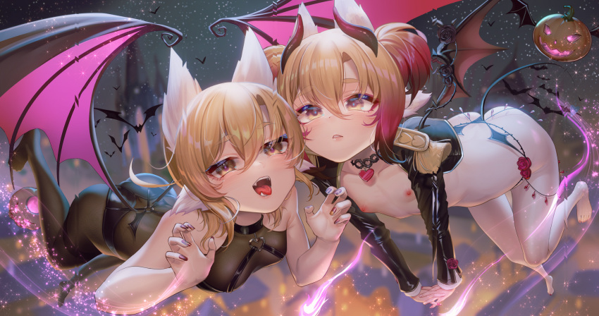 2girls animal_ears ass bat_(animal) bat_wings black_hair black_jacket blonde_hair breasts cropped_jacket cross-body_stretch fangs fh_moya fingernails flat_chest gradient_hair halloween highres horns jack-o'-lantern jacket latex_jacket magic multicolored_hair multiple_girls nipples open_mouth original petite red_hair revealing_clothes short_twintails small_breasts tail twintails wings yellow_eyes