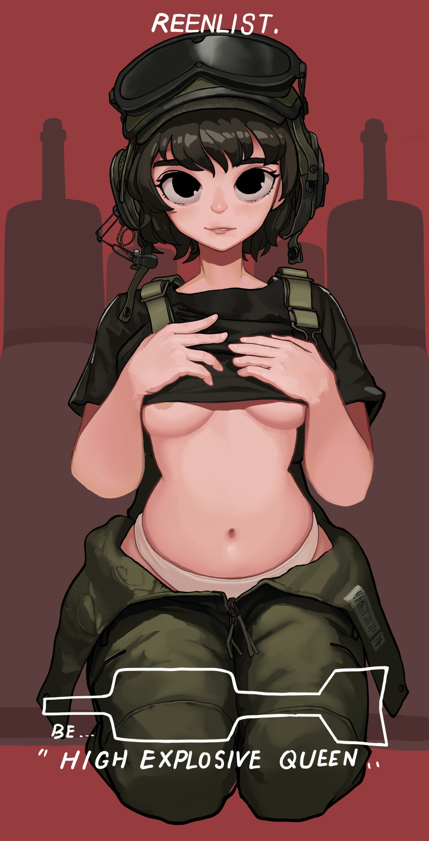 1girl absurdres areola_slip black_eyes black_hair black_shirt breasts clothes_lift english_text fingernails goggles goggles_on_headwear green_headwear green_overalls hat headphones helmet highres lifted_by_self looking_at_viewer microphone military military_uniform navel open_clothes open_mouth original overalls panties parted_lips partially_unzipped red_background rifleman1130 shirt shirt_lift short_hair short_sleeves small_breasts soldier solo teeth underwear uniform white_panties zipper zipper_pull_tab