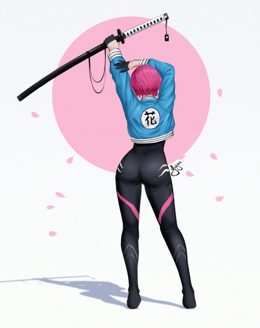 1girl absurdres arms_up ass black_bodysuit black_footwear black_gloves blue_jacket bodysuit boots circle clothes_writing clothing_cutout commentary facing_away from_behind full_body gloves half_gloves hand_on_own_arm highres holding holding_sword holding_weapon jacket katana legs_apart long_sleeves original petals pink_hair shadow short_hair side_cutout signature skin_tight solo standing string sword weapon white_background yajuu_(tristan_maska)