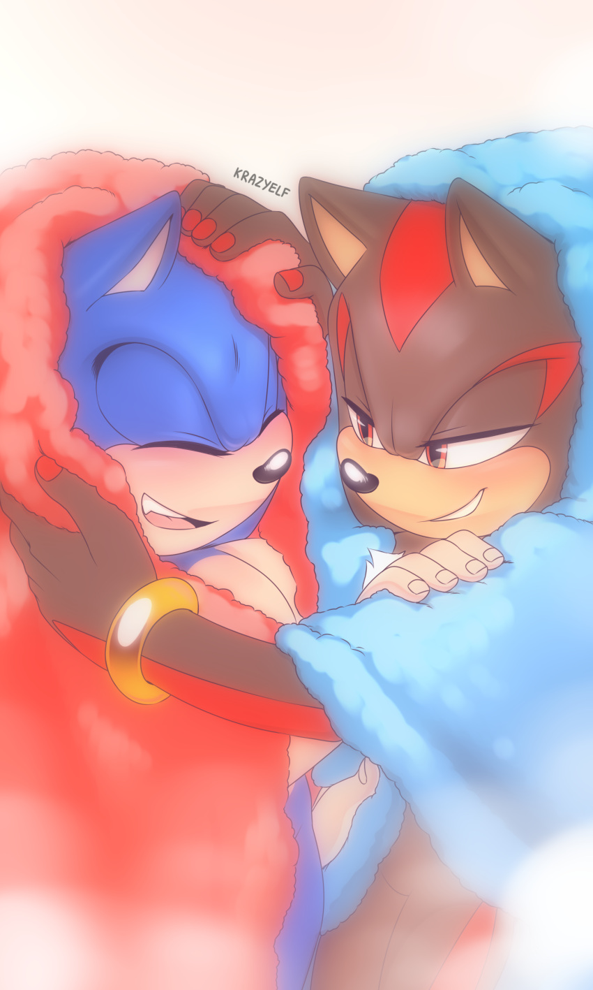 5_fingers absurd_res anthro black_body black_fur blue_body blue_fur bracelet chest_tuft comic duo eulipotyphlan eyes_closed fingers fur half-closed_eyes hedgehog hi_res jewelry krazyelf male male/male mammal narrowed_eyes open_mouth open_smile red_body red_fur sega shadow_the_hedgehog signature smile sonic_the_hedgehog sonic_the_hedgehog_(series) striped_body striped_fur stripes tan_body tan_fur towel tuft white_body white_fur