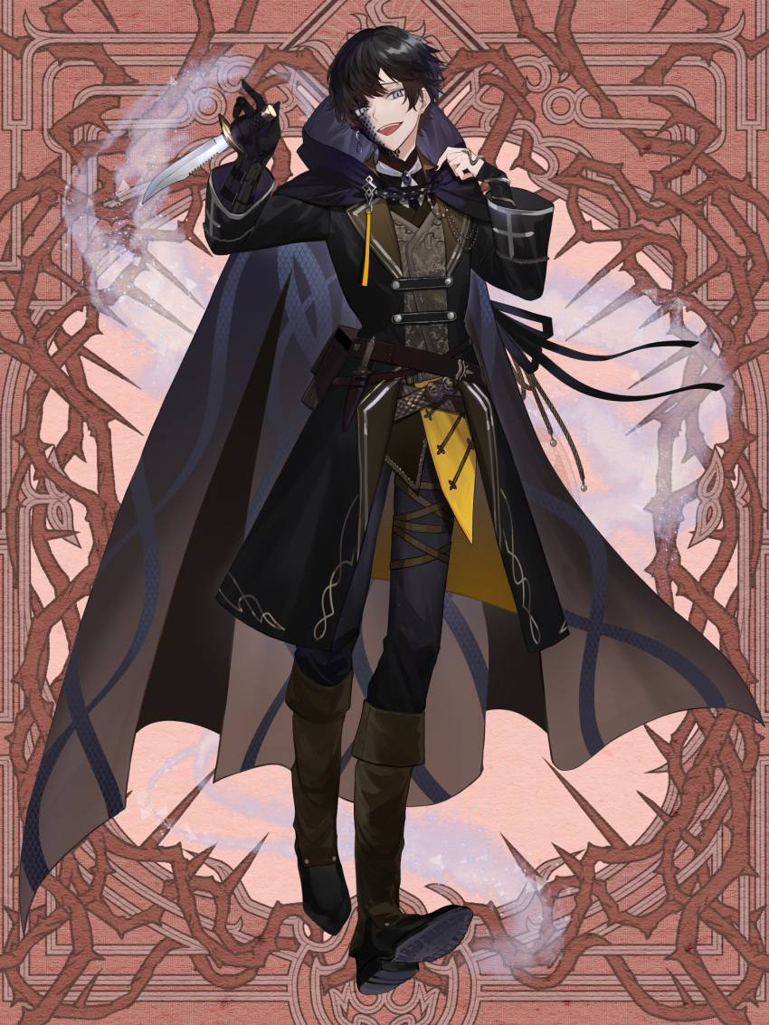 1boy :d adjusting_clothes ame_tyaya belt belt_pouch black_cloak black_coat black_footwear black_gloves black_hair black_nails black_scales black_shirt blue_eyes bracelet brooch brown_background brown_belt cloak coat dagger dairoku_ryouhei earrings fold-over_boots full_body gem gloves grey_vest hair_between_eyes hands_up highres holding holding_dagger holding_knife holding_weapon hood hood_down hooded_cloak jewelry knife knife_sheath long_sleeves looking_at_viewer male_focus nail_polish neck_ribbon pouch purple_gemstone ribbon sheath shirt shoe_soles short_hair shunto_arashi single_earring single_glove slit_pupils smile snake_earrings solo standing thigh_strap vest weapon white_ribbon