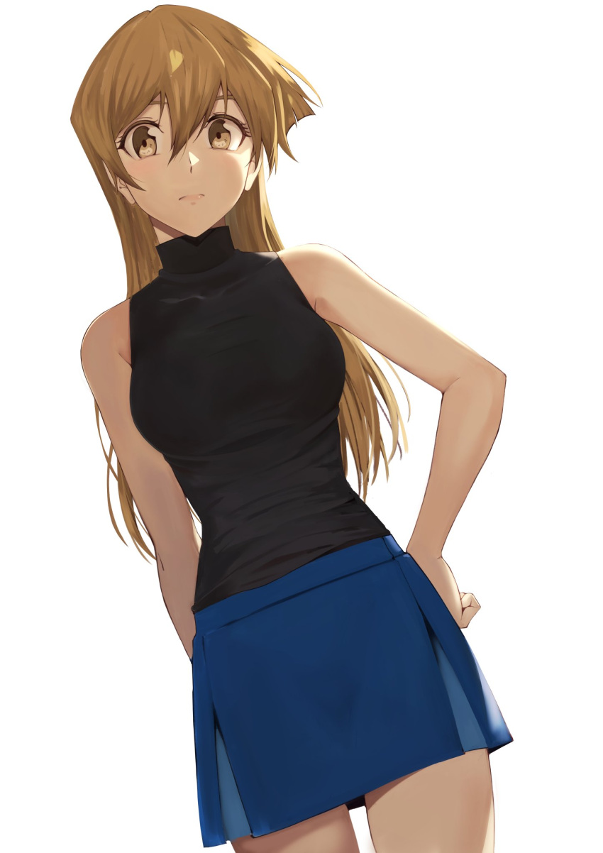 1girl bare_arms black_shirt blonde_hair blue_skirt breasts brown_eyes closed_mouth cowboy_shot dutch_angle eyebrows_hidden_by_hair hair_between_eyes hand_on_own_hip highres long_hair looking_at_viewer medium_breasts miniskirt rourou_ill shirt simple_background skirt sleeveless sleeveless_shirt solo standing straight_hair tenjouin_asuka very_long_hair white_background yu-gi-oh! yu-gi-oh!_gx