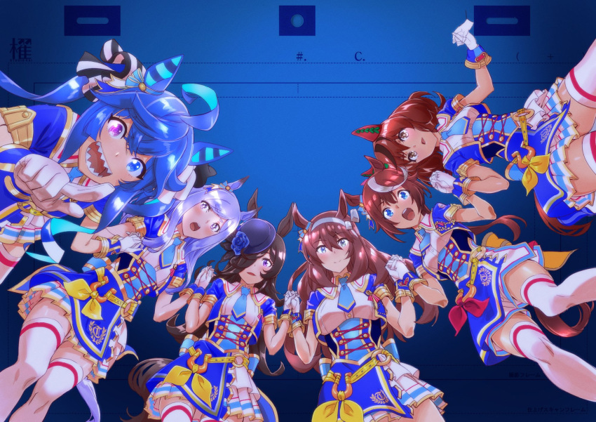 6+girls @_@ ahoge animal_ears animation_paper aqua_hair blue_background blue_eyes blue_flower blue_hair blue_necktie blue_rose bow bright_pupils brown_eyes brown_hair commentary_request cropped_jacket crossed_bangs ear_covers ear_ornament flower from_below glorious_azure_costume_(umamusume) gloves gold_trim hair_between_eyes hair_bow hair_over_one_eye hairband hands_up hat heterochromia highres holding_hands horse_ears horse_girl horse_tail horseshoe_ornament kabashima_yousuke long_hair mejiro_mcqueen_(umamusume) mihono_bourbon_(umamusume) multicolored_hair multiple_girls necktie nice_nature_(umamusume) official_art open_mouth pleated_skirt pointing pointing_at_viewer production_art purple_eyes purple_hair red_hair rice_shower_(umamusume) rose sharp_teeth short_sleeves sidelocks skirt streaked_hair striped striped_bow tail teeth thighhighs tokai_teio_(umamusume) trim_marks twin_turbo_(umamusume) twintails two-tone_hair umamusume white_gloves white_pupils white_skirt white_thighhighs